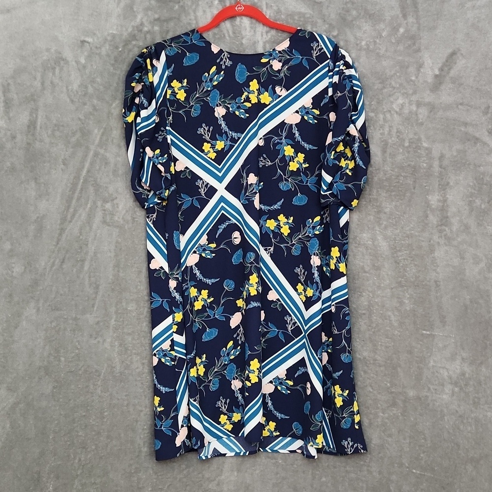 Halogen Floral Shift Dress Women's Size 1 Navy Blue 3/4 Sleeve Ruched Scarf Prin - Picture 5 of 12